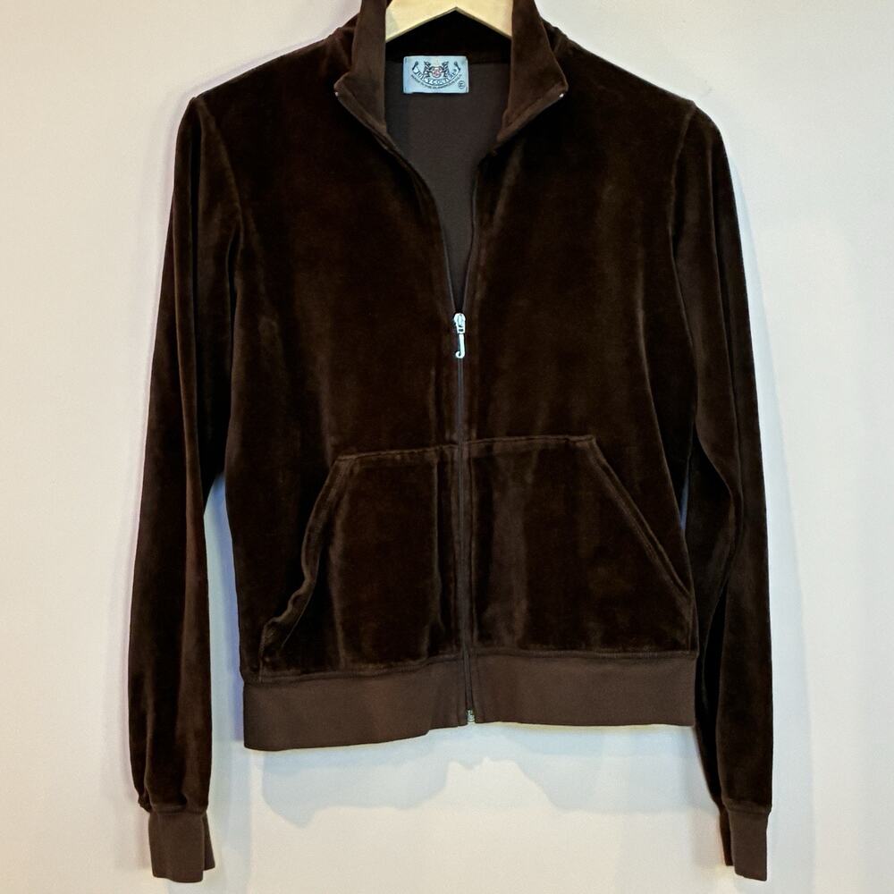 Vintage Y2K Juicy Couture Velour Zip Stand Up Collar Jacket Dark Brown Size XL